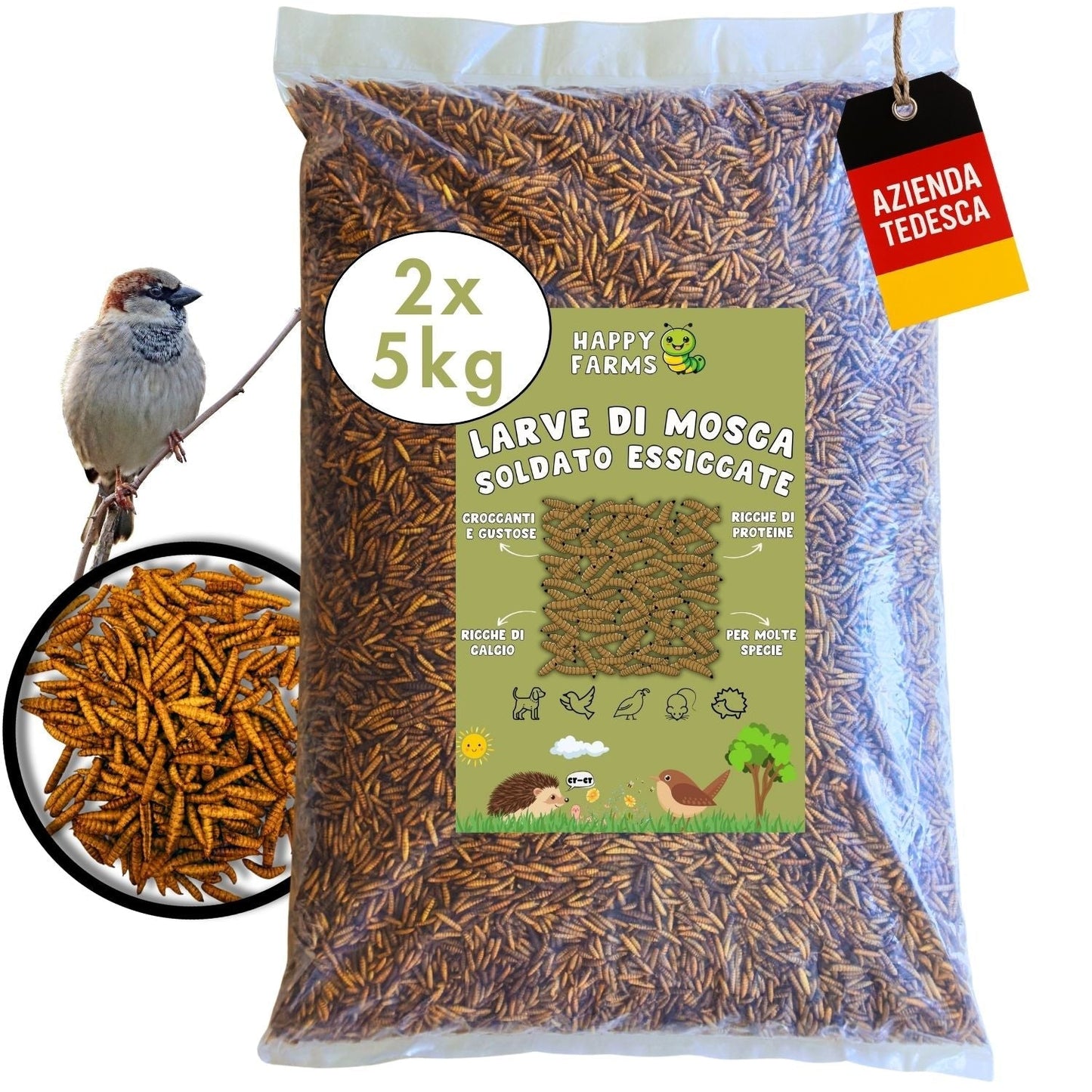 Larve di mosca soldato essiccate 10 kg per galline e ricci, alimento naturale ricco di proteine.