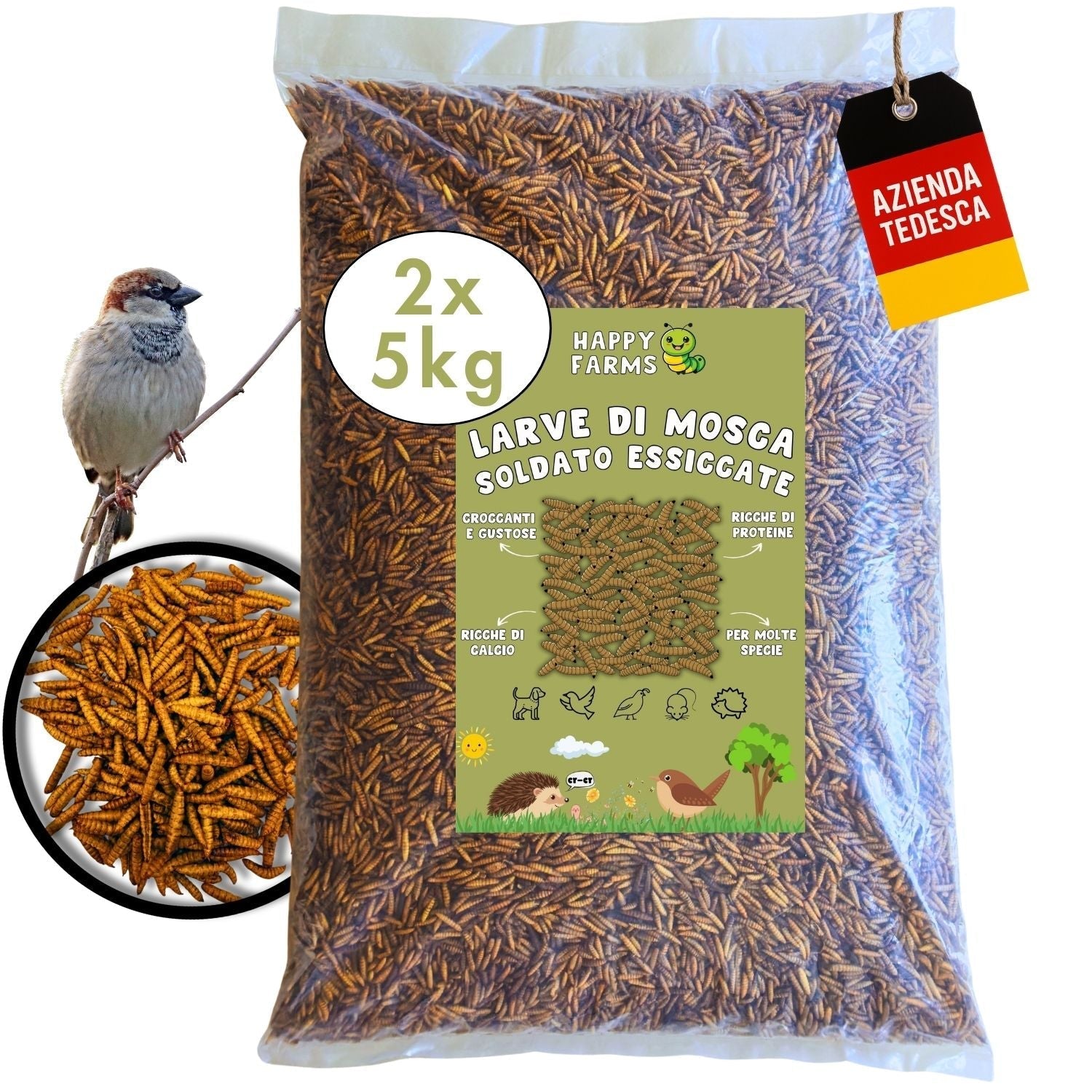 Larve di mosca soldato essiccate 10 kg per galline e ricci, alimento naturale ricco di proteine.