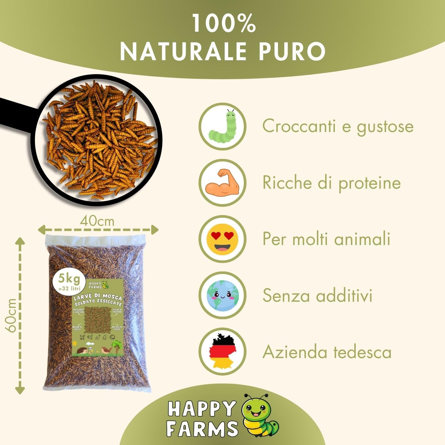 Larve di mosca soldato essiccate, cibo a lunga conservazione per uccelli e rettili
