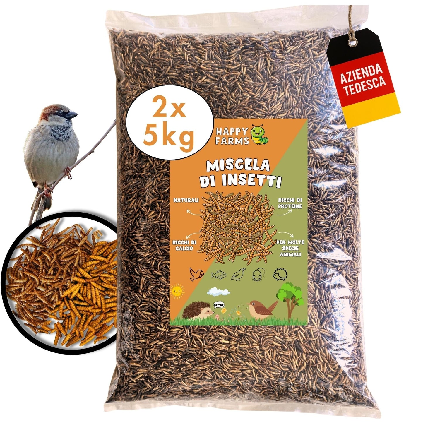 Miscela di insetti essiccati 10 kg per galline e ricci, alimento naturale ricco di proteine e calcio.