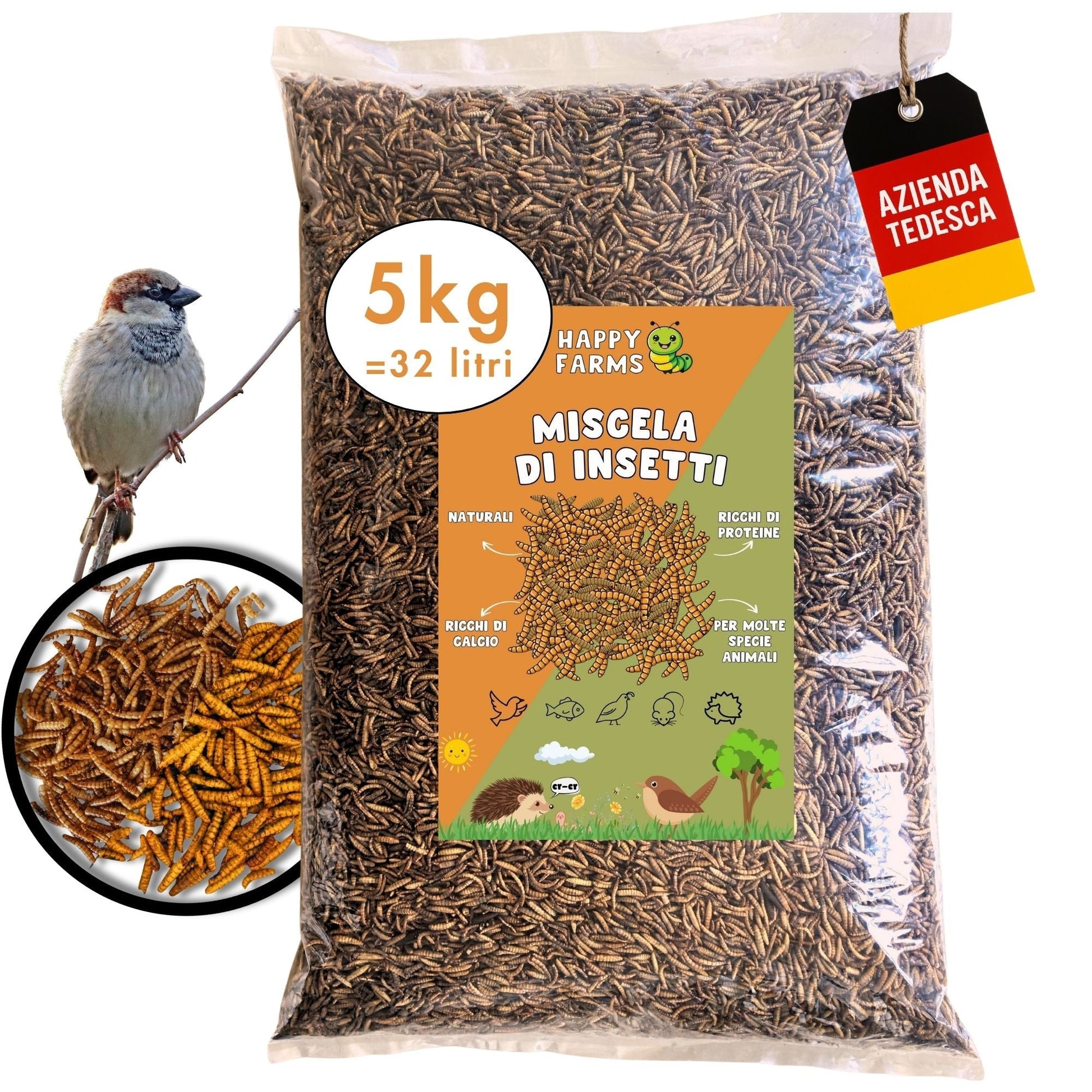 Miscela di insetti essiccati 5 kg per galline e ricci, alimento naturale ricco di proteine e calcio.