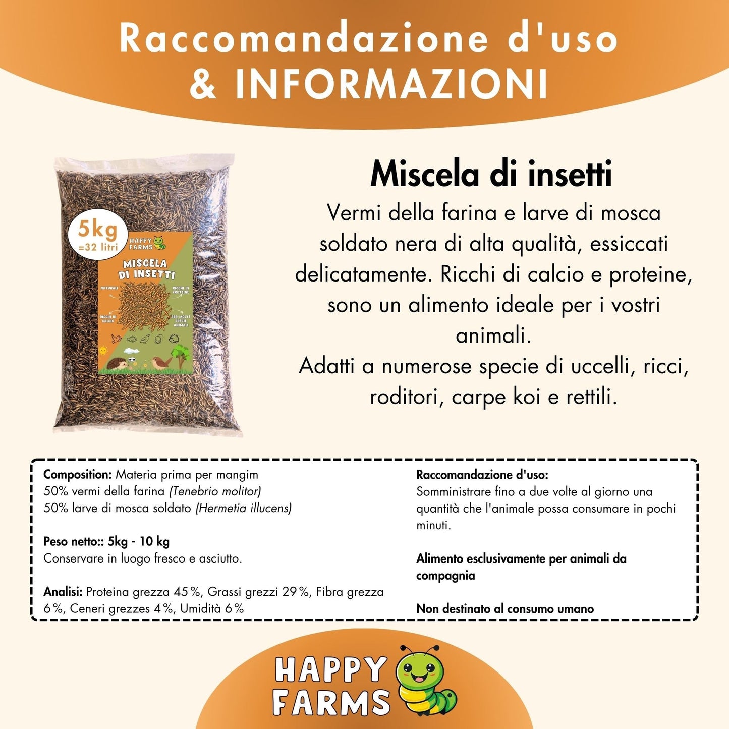 Miscela di insetti Happy Farms con composizione, valori nutrizionali e raccomandazioni d'uso per galline, uccelli, ricci, roditori, carpe koi e rettili.