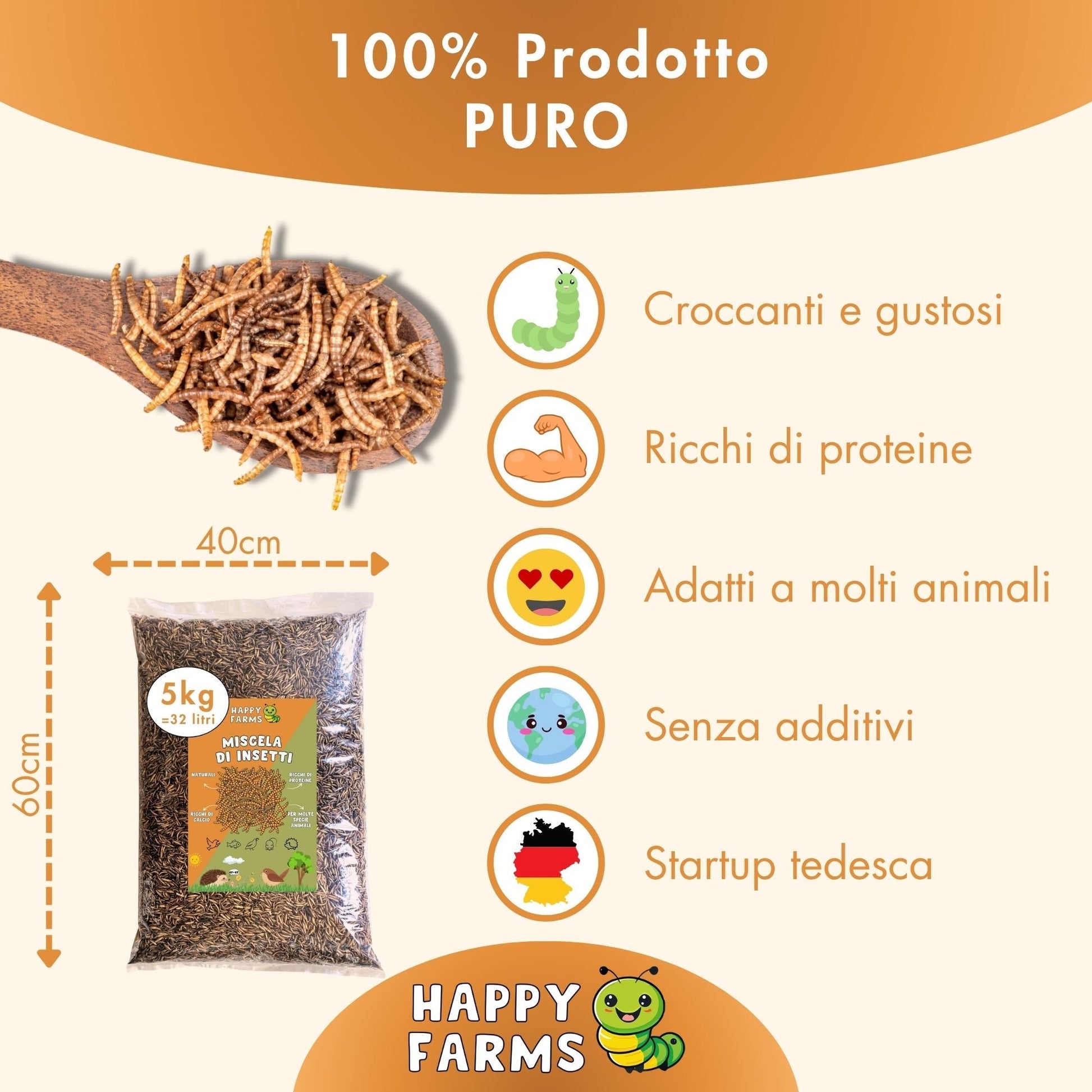 Miscela di insetti essiccati Happy Farms, prodotto naturale ricco di proteine, senza additivi e ideale per galline, uccelli, ricci, roditori, carpe koi e rettili.