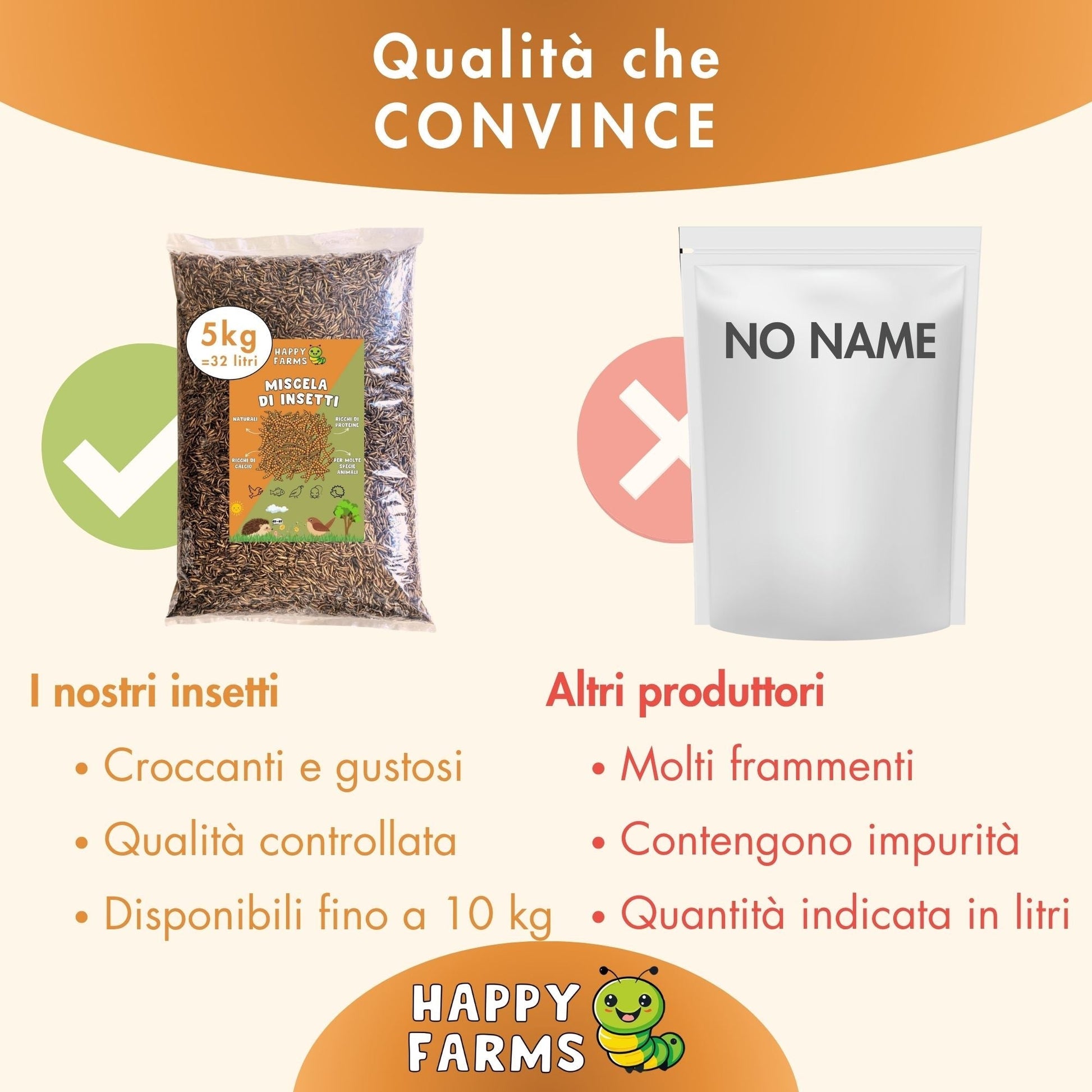 Miscela di insetti essiccati Happy Farms con vermi della farina e larve di mosca soldato. Qualità controllata, ricca di proteine e ideale per galline, uccelli, ricci, roditori, carpe koi e rettili.