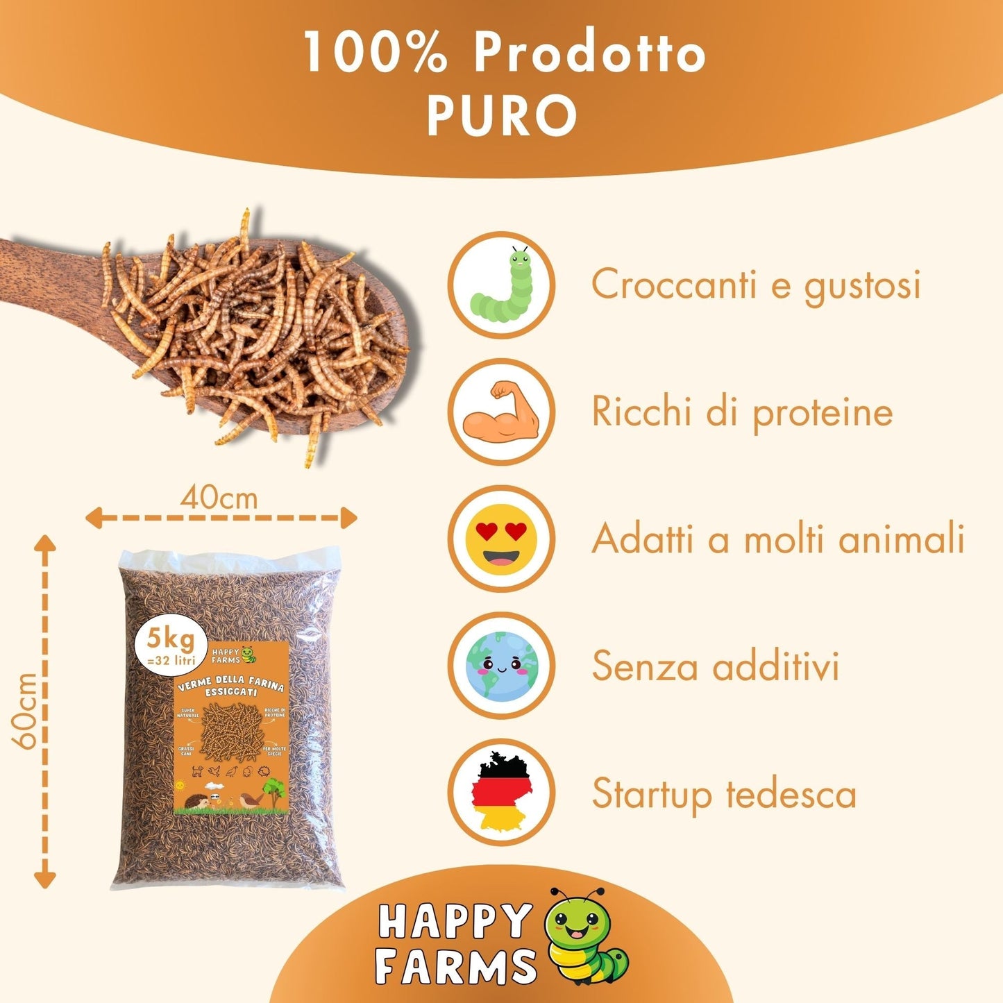 Vermi della farina essiccati 100% naturali, croccanti, ricchi di proteine e senza additivi.