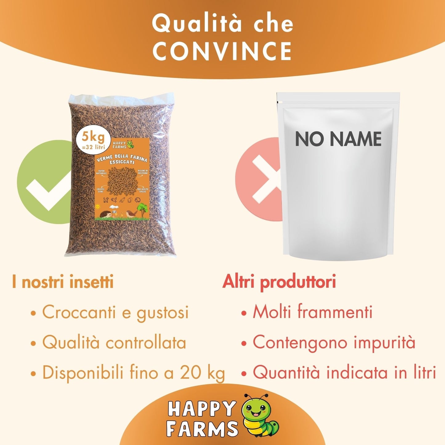 Vermi della farina essiccati Happy Farms con qualità controllata, interi e croccanti, rispetto ad altri produttori con più frammenti e impurità.