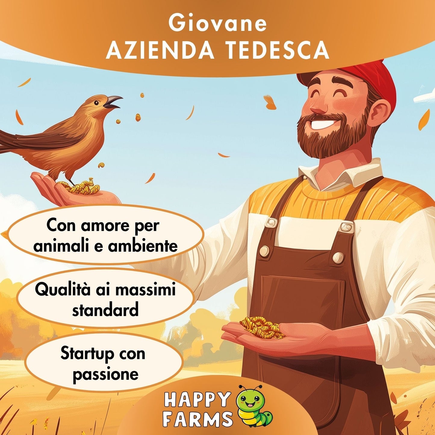 Happy Farms, giovane azienda tedesca specializzata in vermi della farina essiccati di alta qualità per galline, uccelli, ricci, roditori, carpe koi e rettili.
